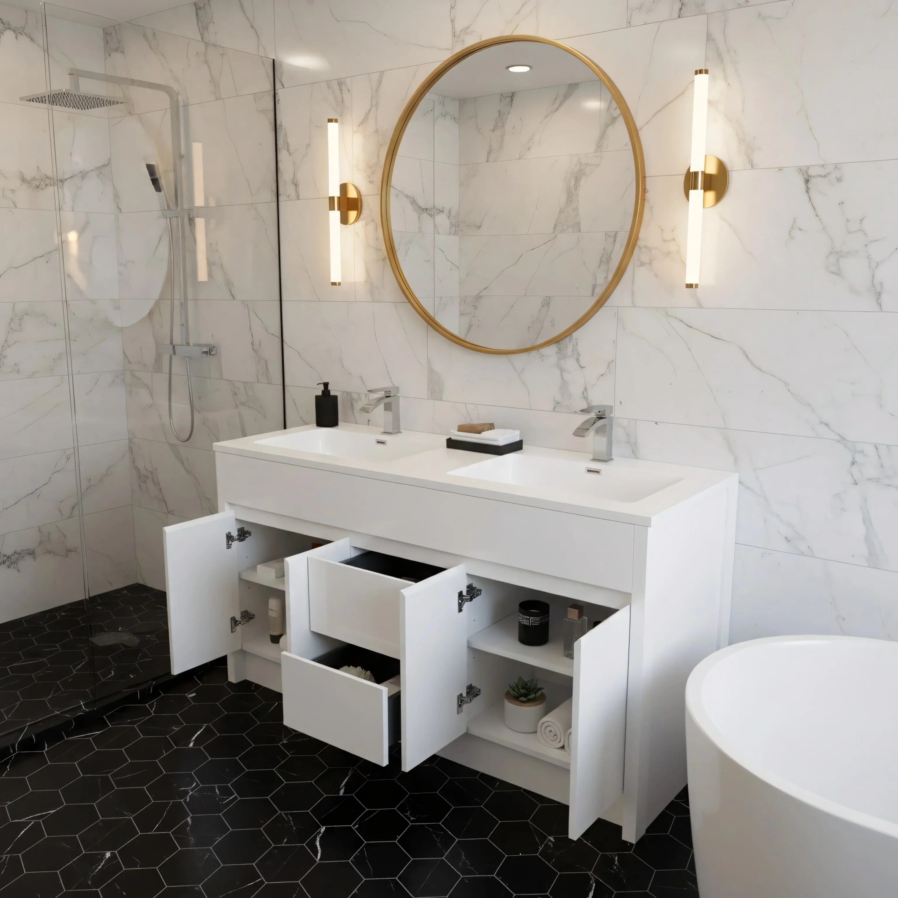 Meuble-Lavabo Autoportant 60po Blanc Mat avec Comptoir de Polymarbre Blanc