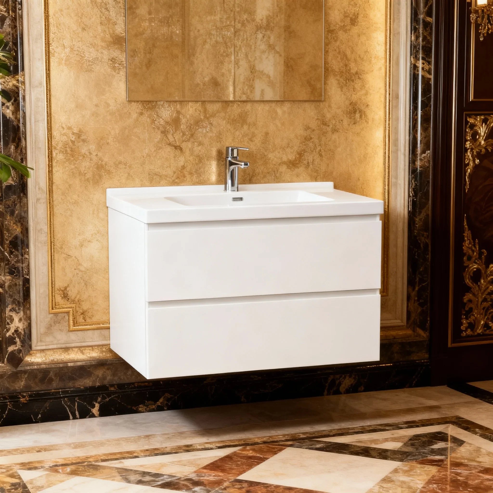 Meuble-Lavabo Mural 30po Blanc Brillant avec Comptoir de Polymarbre Blanc 
