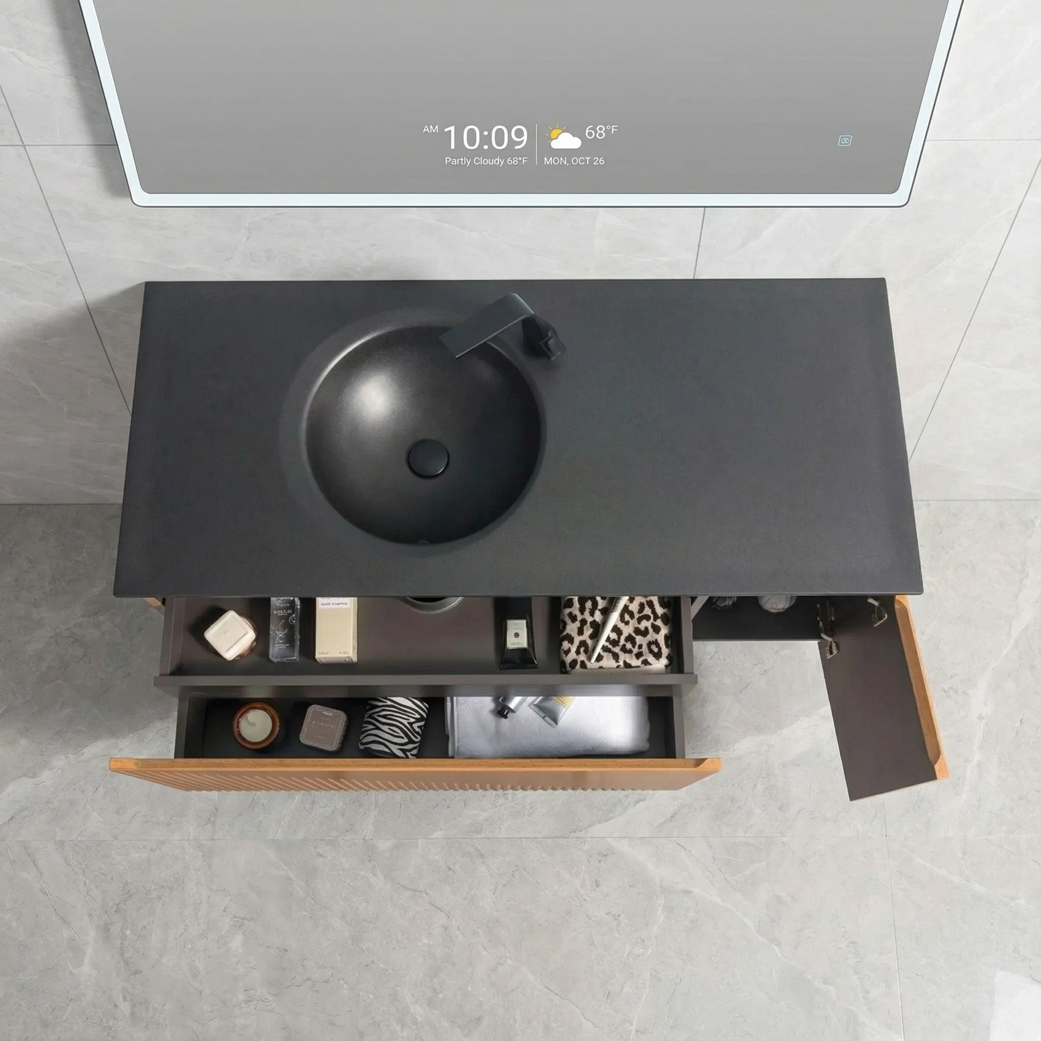 Meuble-Lavabo Mural 48po Chêne Clair avec Comptoir de Quartz d'ingénierie Noir