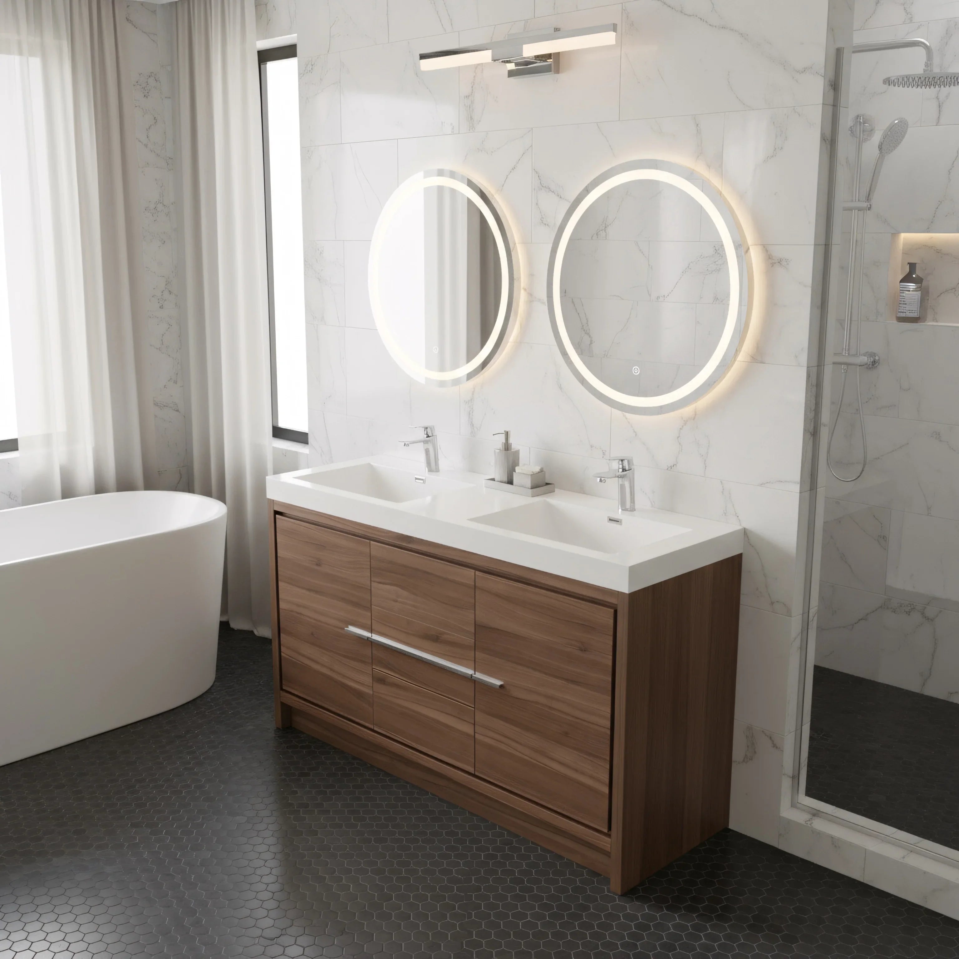 48" Walnut Freestanding Double Sink Bathroom Vanity with White Polymarble Countertop