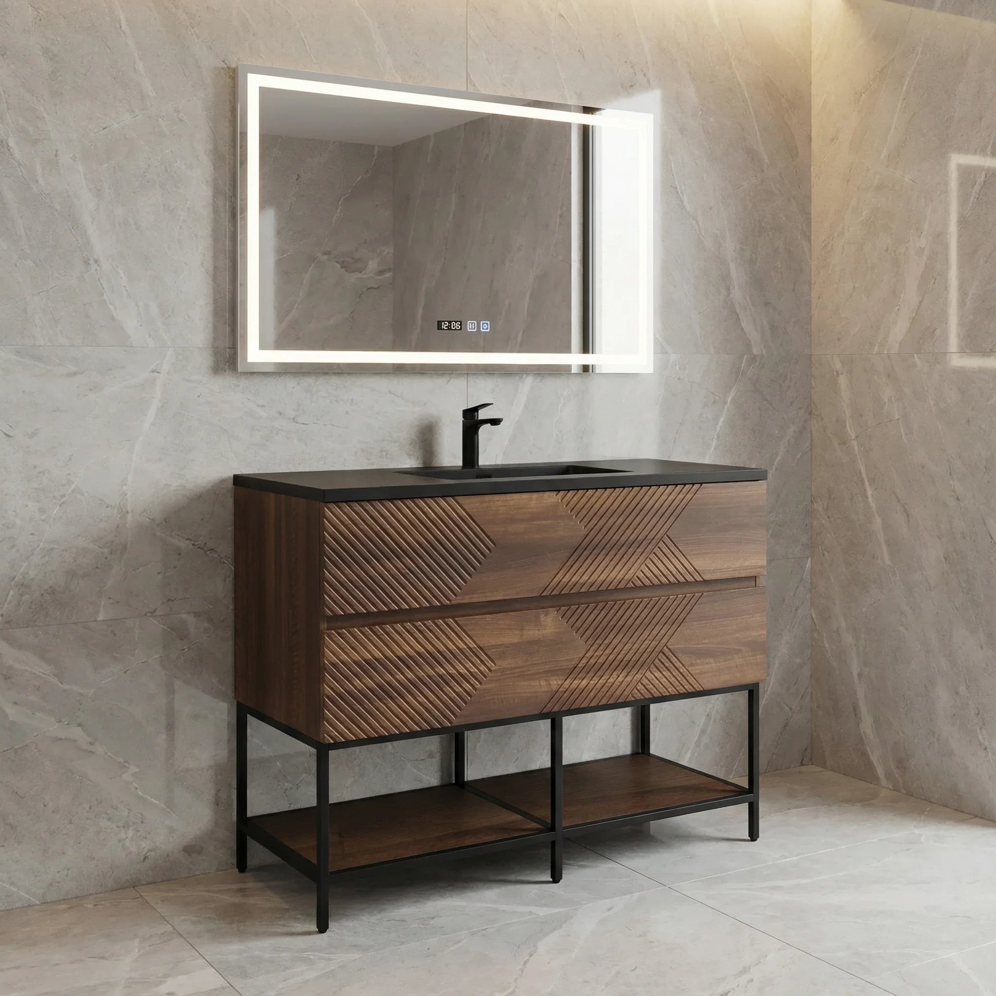 48" Walnut Wall Mount Single Sink Bathroom Vanity with Black Engineered Quartz Countertop
