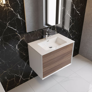 30" Walnut Wall Mount Vanity with White Polymarble Countertop