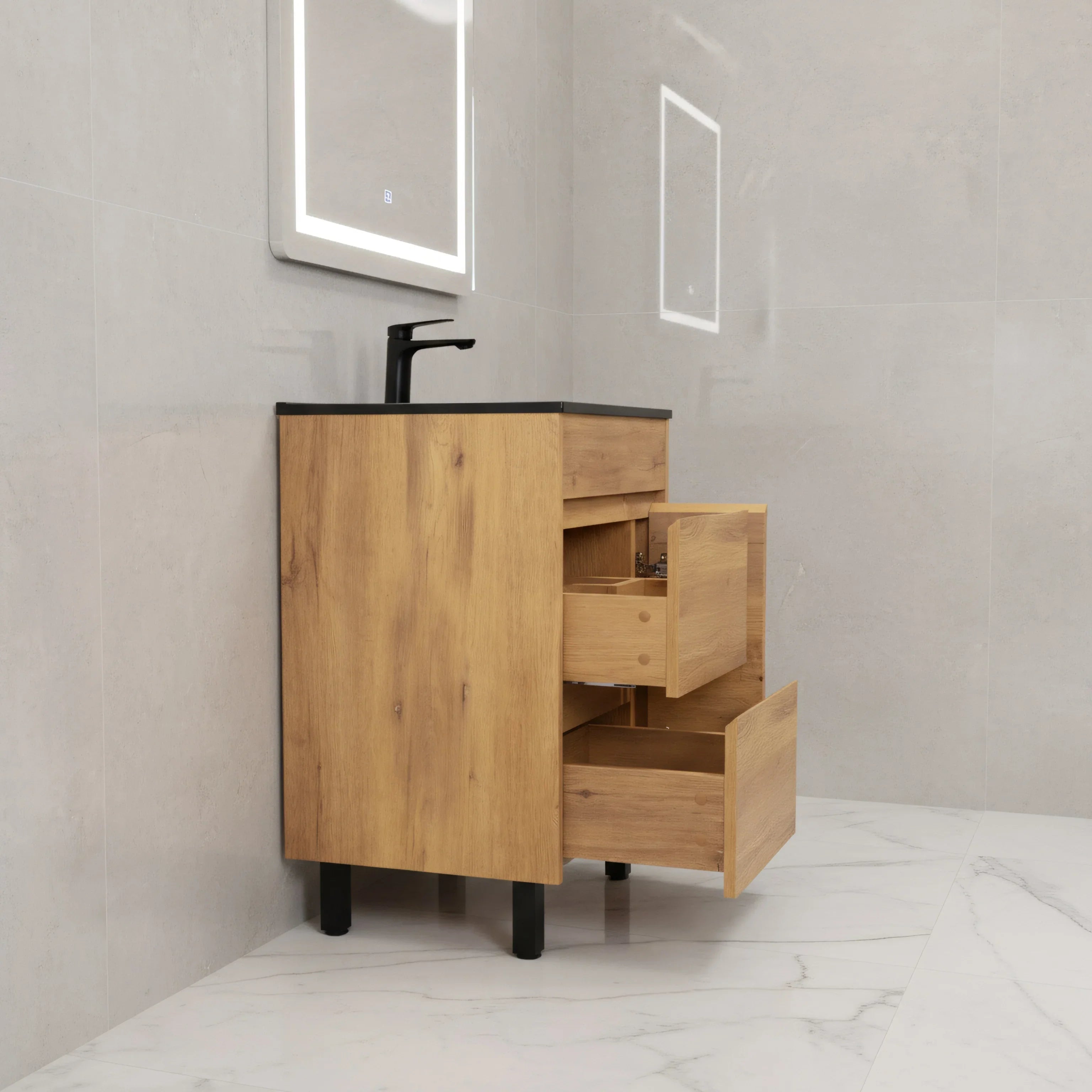 30" Frosted Oak Freestanding Single Sink Bathroom Vanity with Black Ceramic Countertop