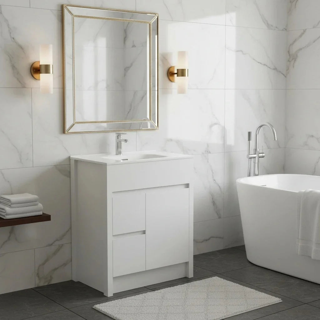 Meuble-Lavabo Autoportant 30po Blanc Mat avec Comptoir de Céramique Blanc