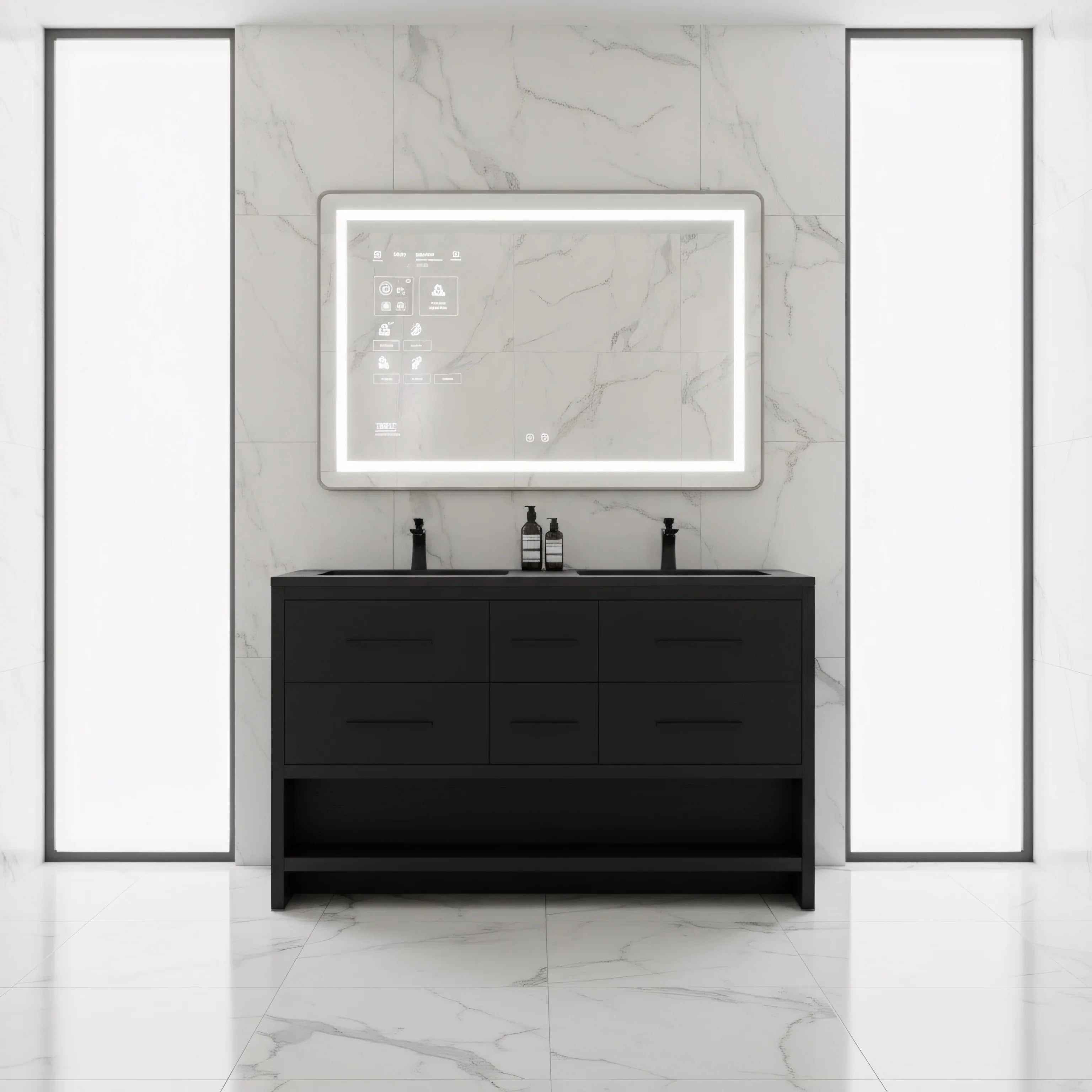 Meuble-lavabo de salle de bain autoportant en chêne brut noir de 72" avec Comptoir en quartz noir reconstitué