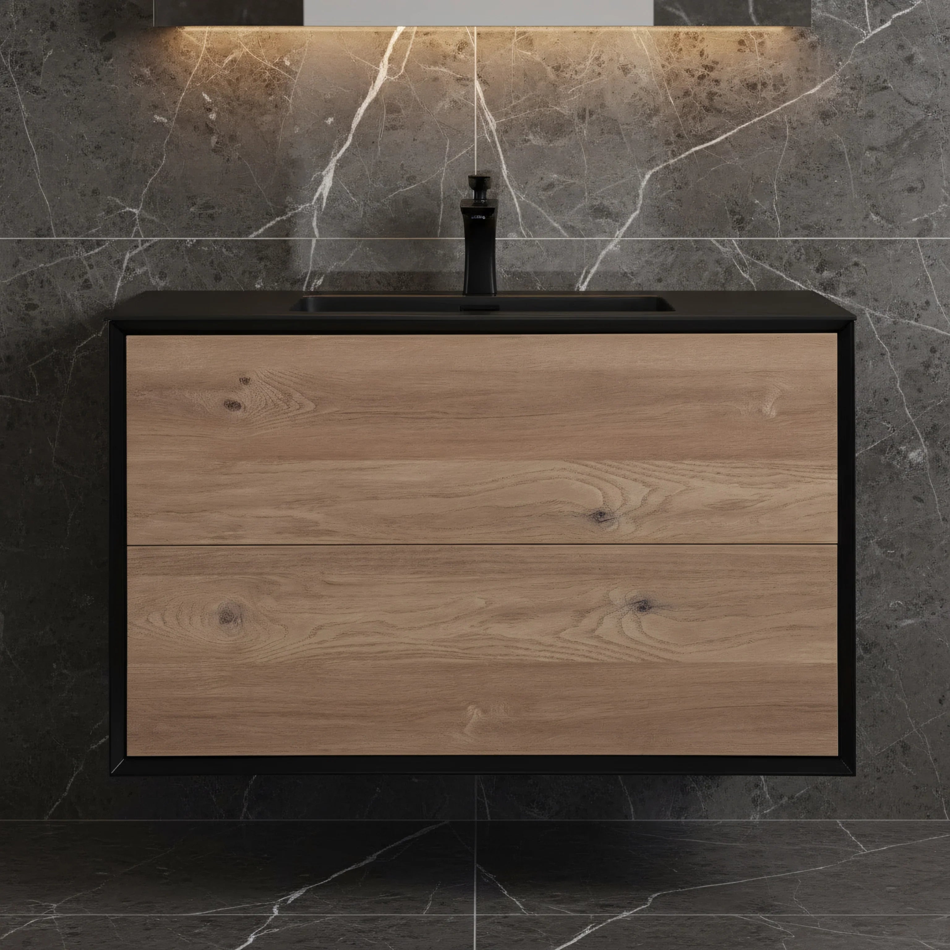 36" Black & Rough Oak Wall Mount Bathroom Vanity with Black Engineered Quartz Countertop Fleur