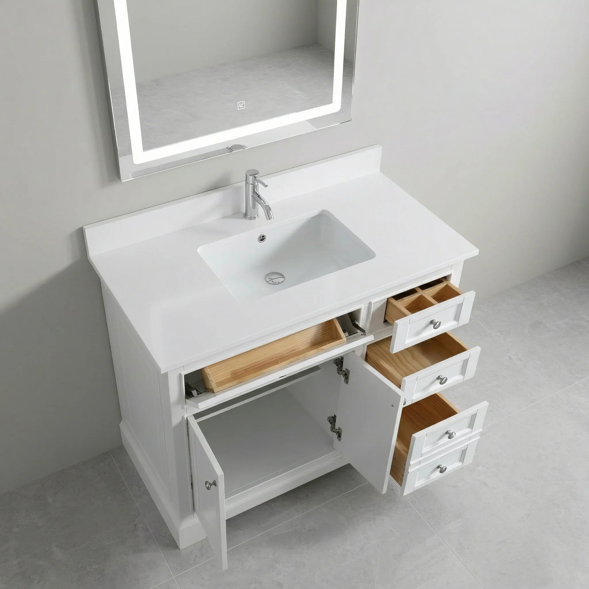 42" White Freestanding Single Sink Bathroom Vanity with Engineered White Marble Countertop