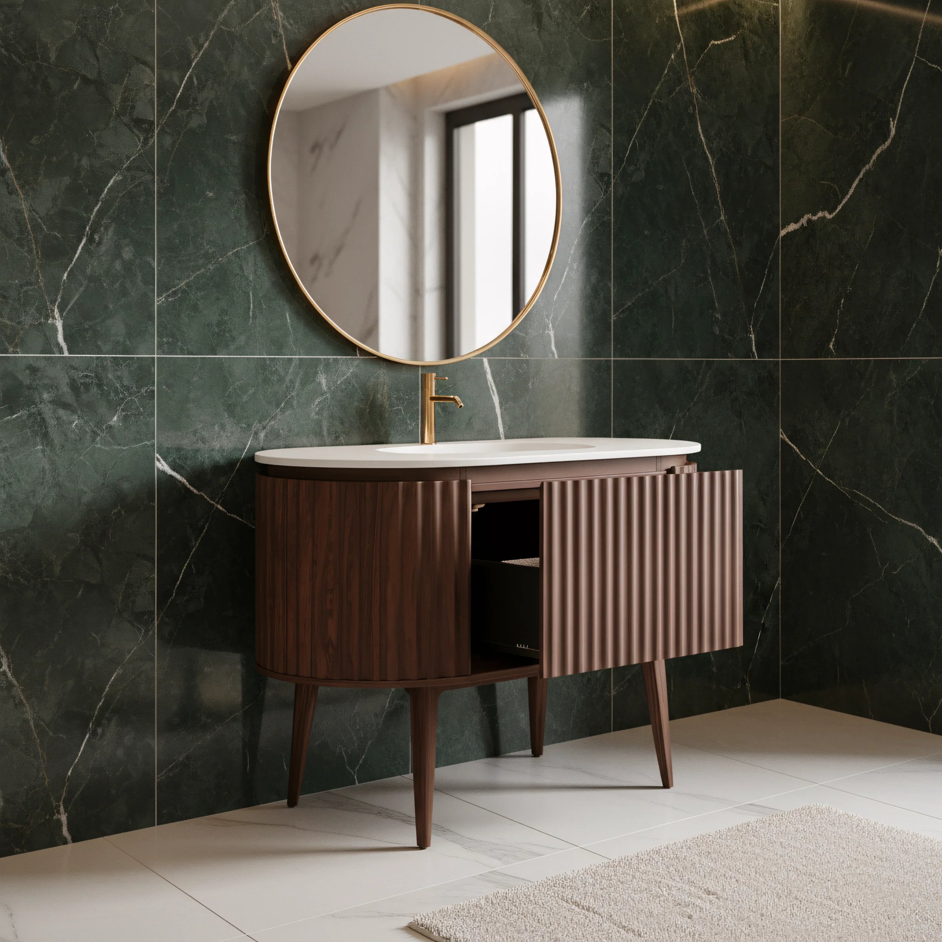 Meuble-lavabo 48 po en noyer courbé et cannelé - Comptoir blanc mat