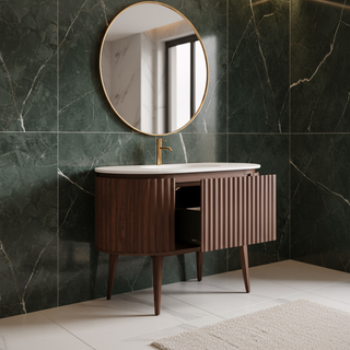 Meuble-lavabo Andorra 48 po en noyer courbé et cannelé - Comptoir blanc mat