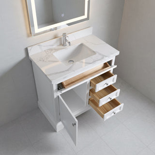 36" White Freestanding Single Sink Bathroom Vanity with Calcutta Quartz Countertop