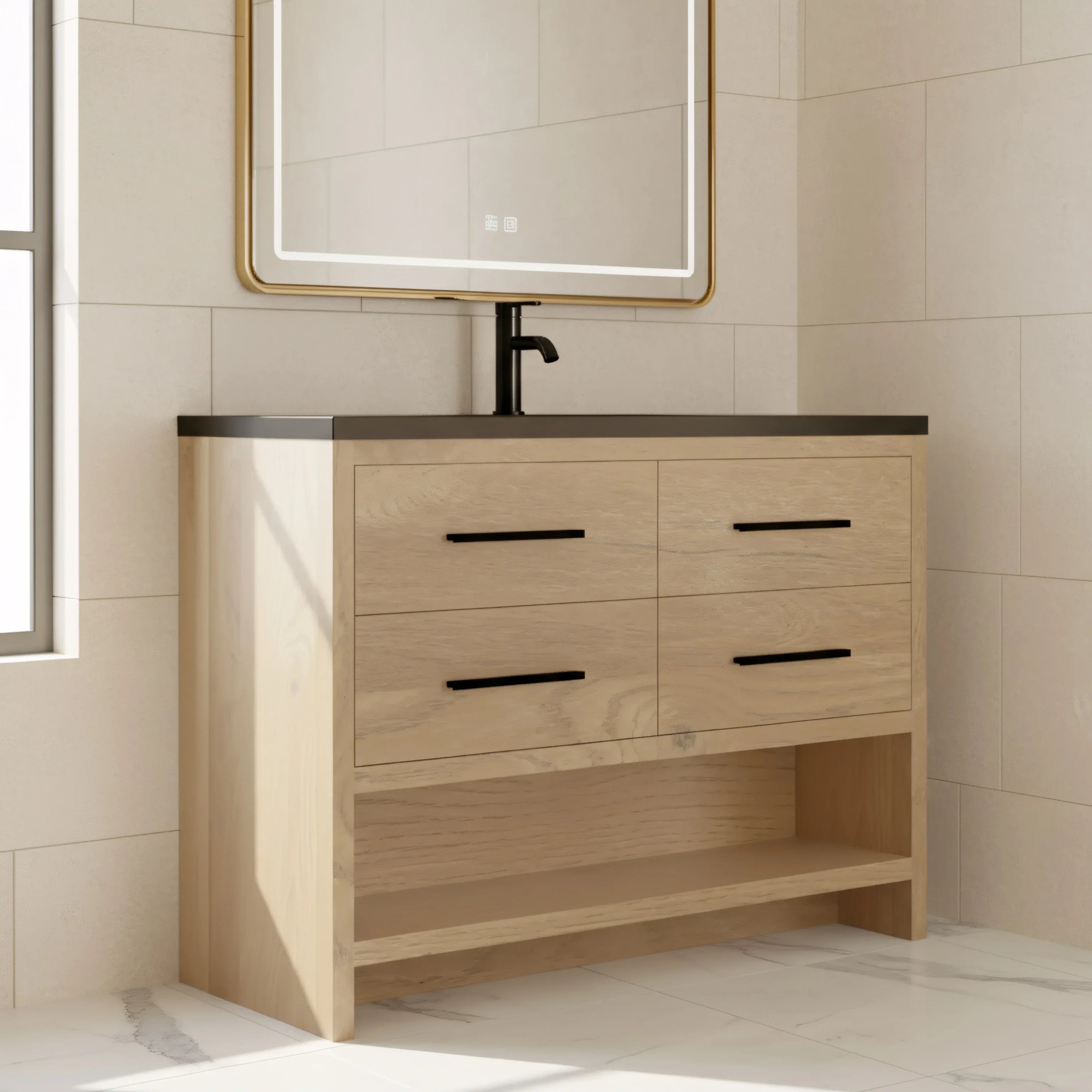 48" Rough Oak Freestanding Bathroom Vanity with Black Engineered Quartz Countertop