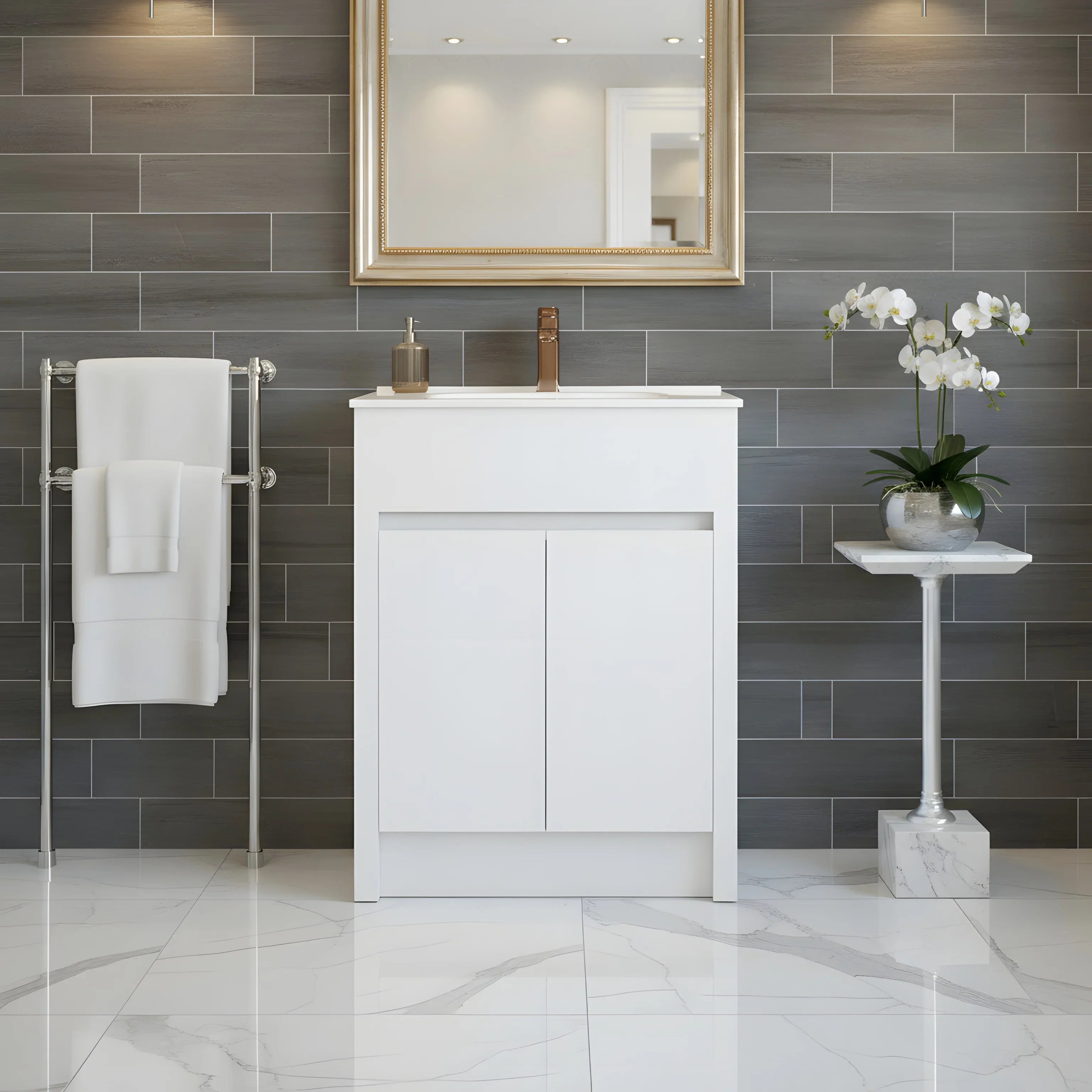 Meuble-Lavabo Autoportant 24po Blanc Mat avec Comptoir de Céramique Blanc