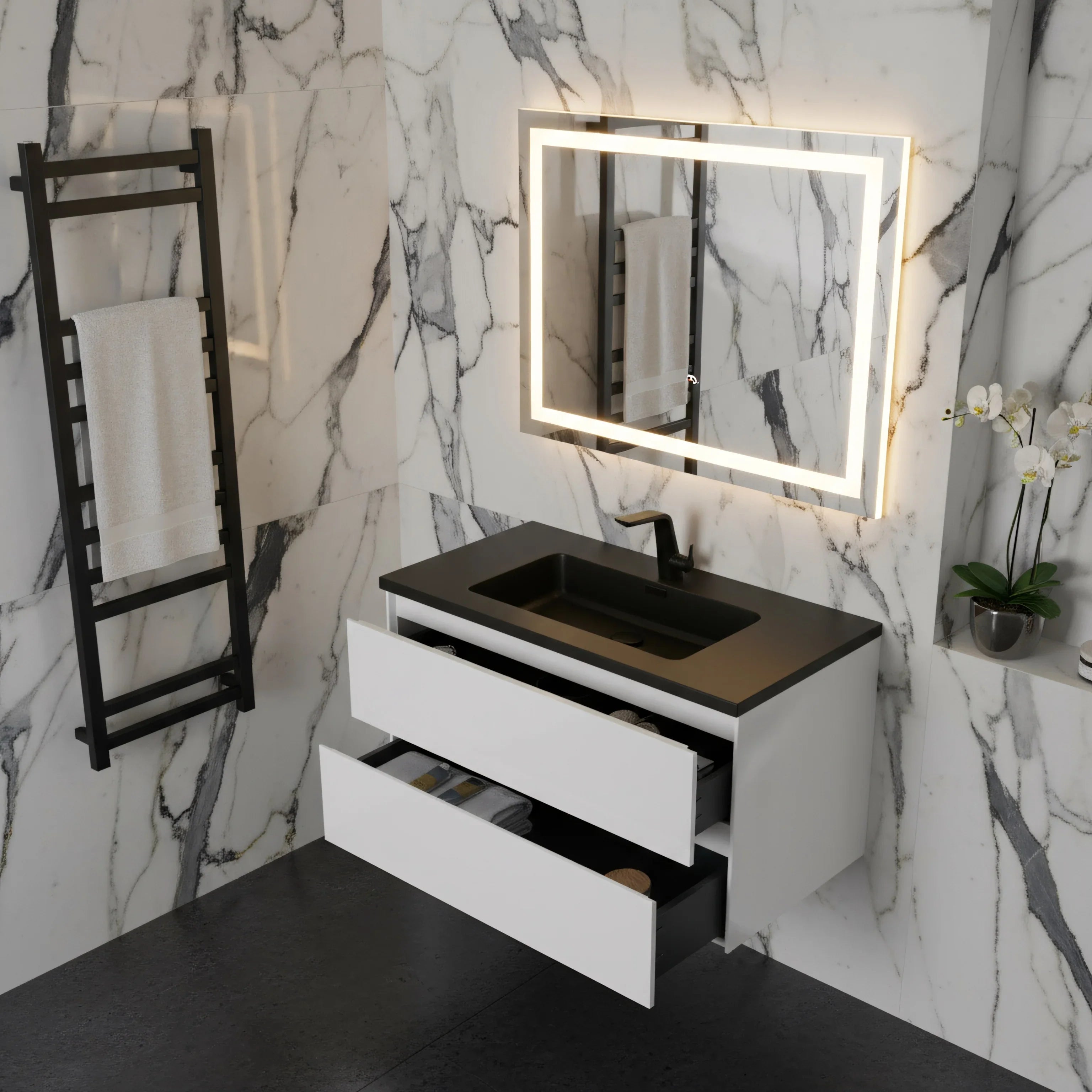 36" White Wall Mount Bathroom Vanity with Black Engineered Quartz Countertop