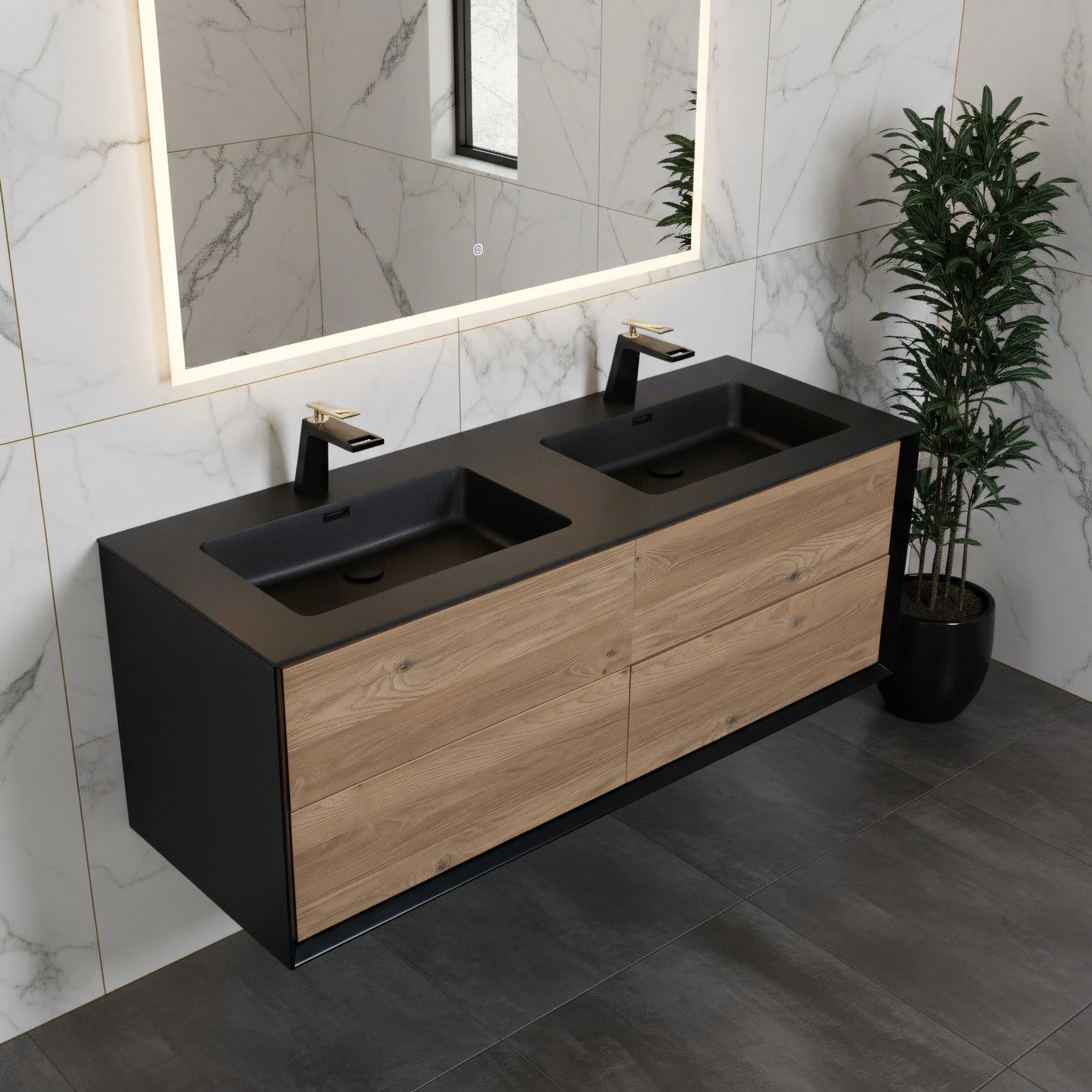 60" Black & Rough Oak Wall Mount Double Sink Bathroom Vanity with Black Engineered Quartz Countertop