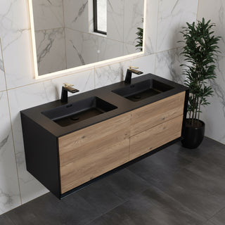 60" Black & Rough Oak Wall Mount Double Sink Bathroom Vanity with Black Engineered Quartz Countertop