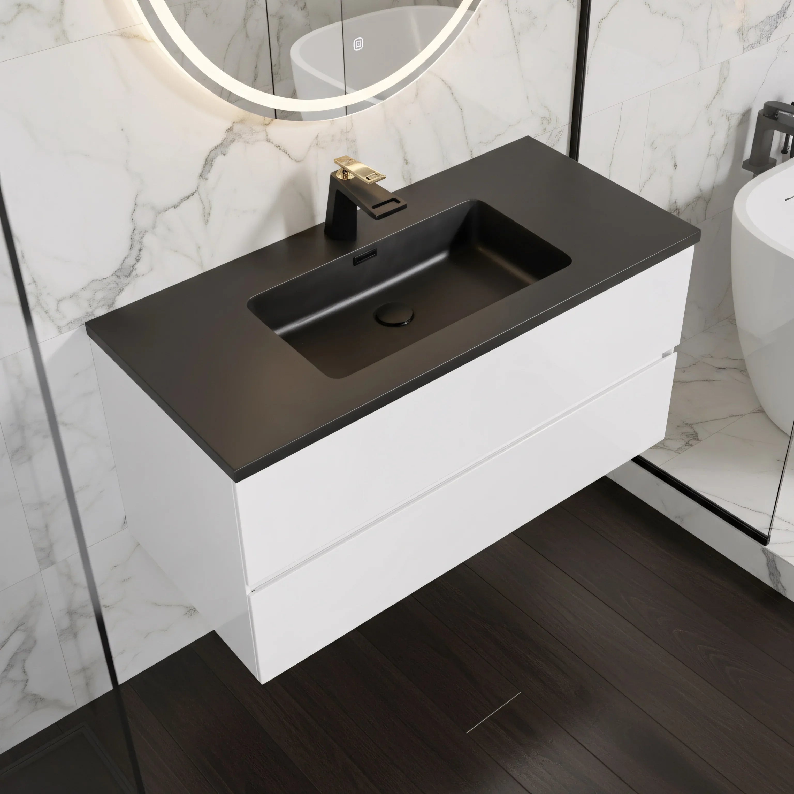 48" White Wall Mount Single Sink Bathroom Vanity with Black Engineered Quartz Countertop