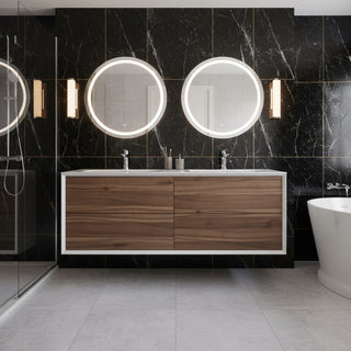 Meuble-lavabo double mural en noyer de 60" avec Comptoir en polymarbre blanc Fleur