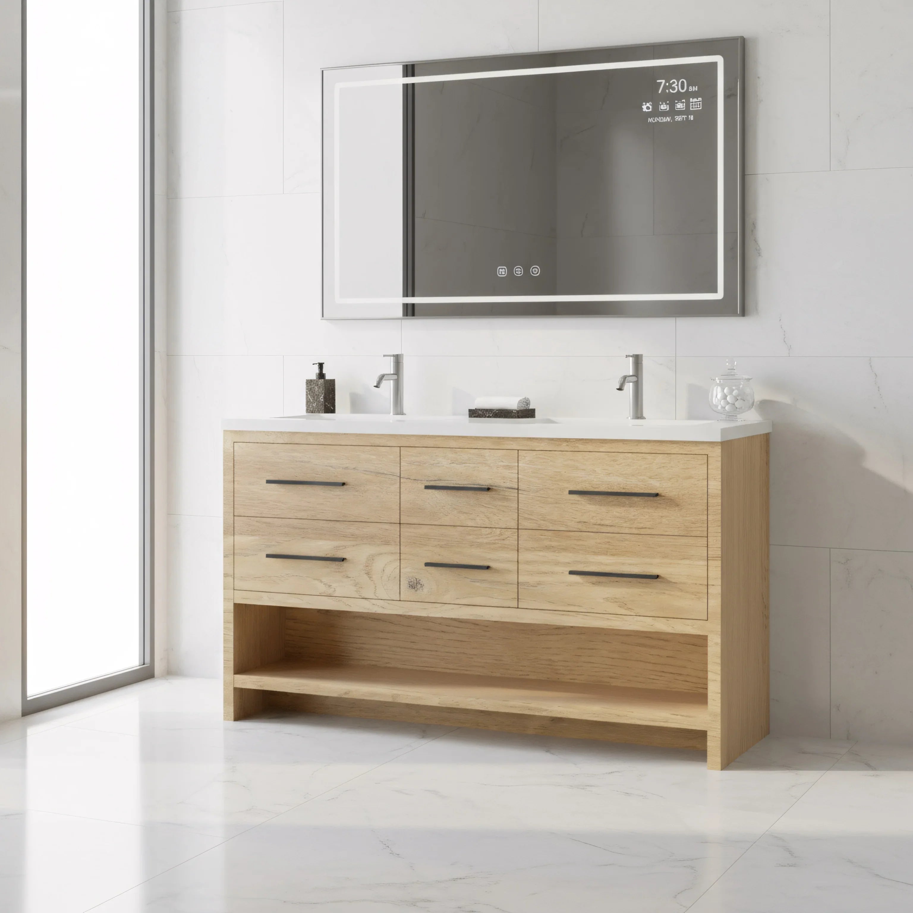 Meuble-Lavabo Autoportant 60po Chêne Brut avec Comptoir de Polymarbre Blanc