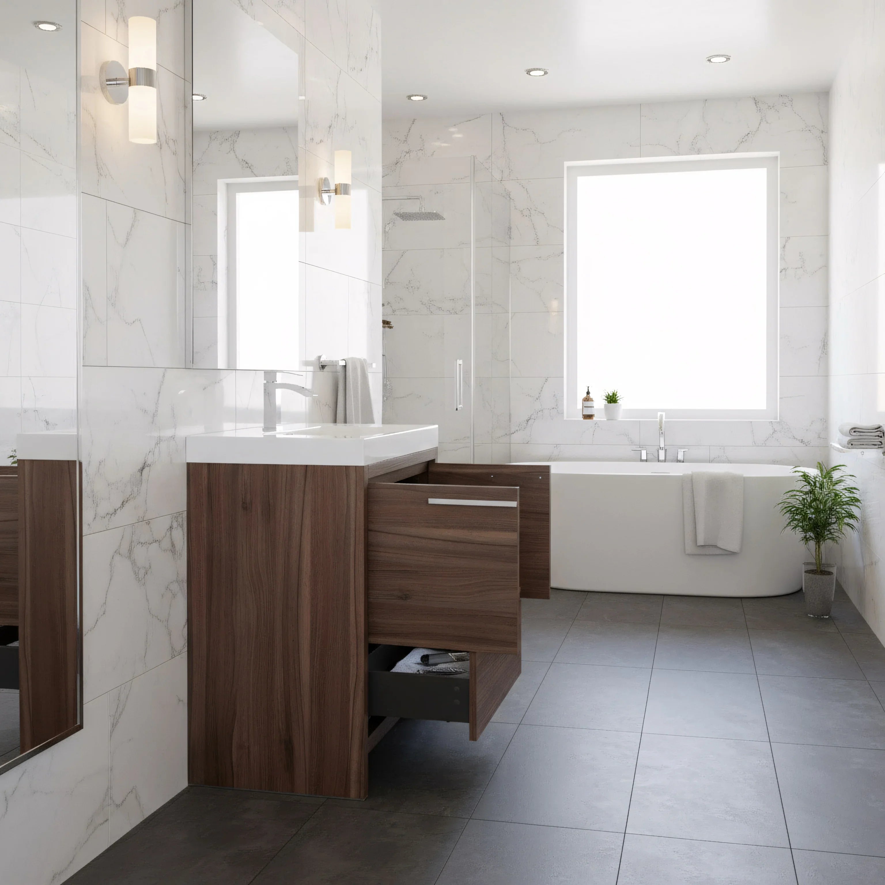 36" Walnut Freestanding Bathroom Vanity with White Polymarble Countertop