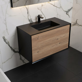 Meuble-Lavabo Mural 36po Noir et Chêne Brut avec Comptoir de Quartz d'ingénierie Noir
