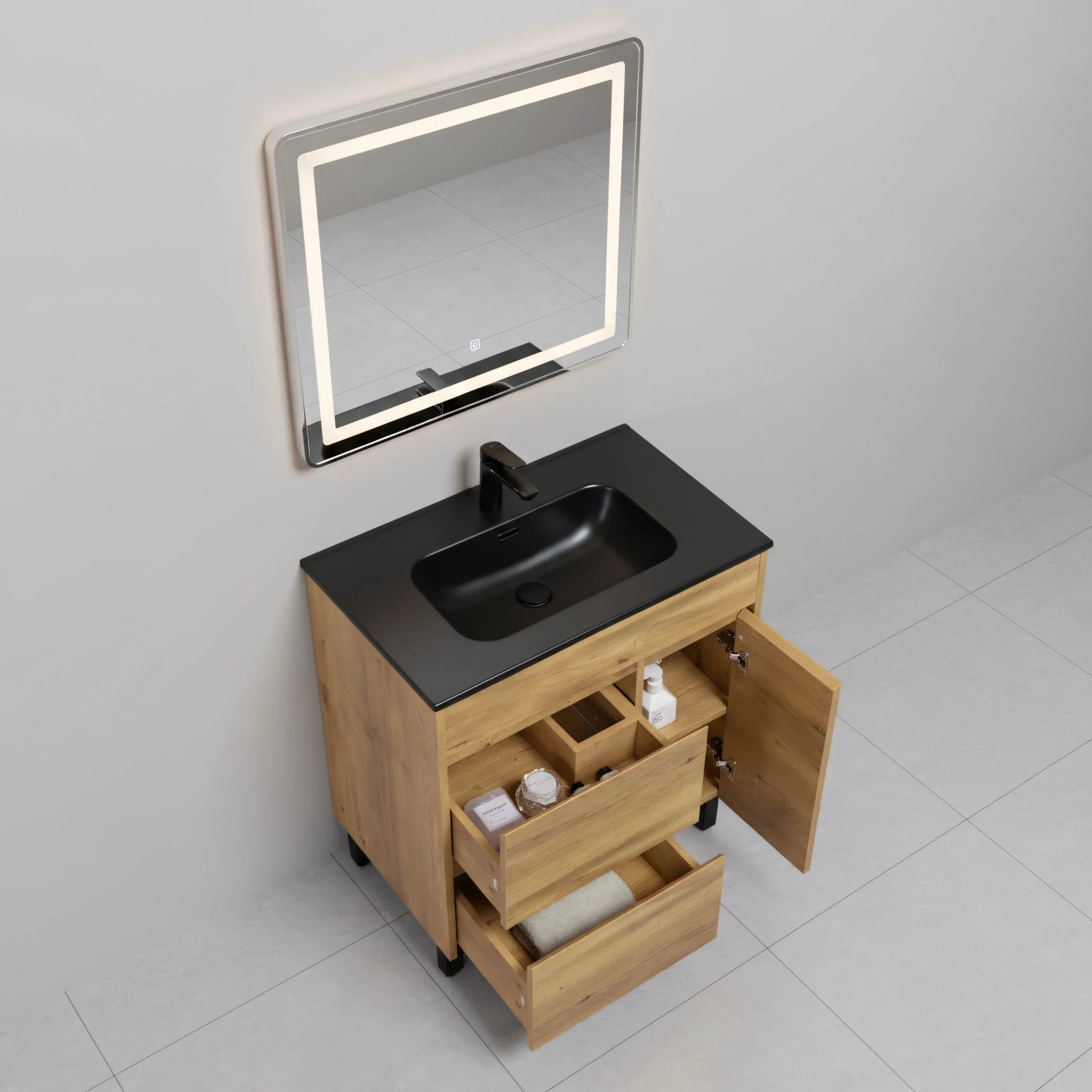 30" Frosted Oak Freestanding Single Sink Bathroom Vanity with Black Ceramic Countertop