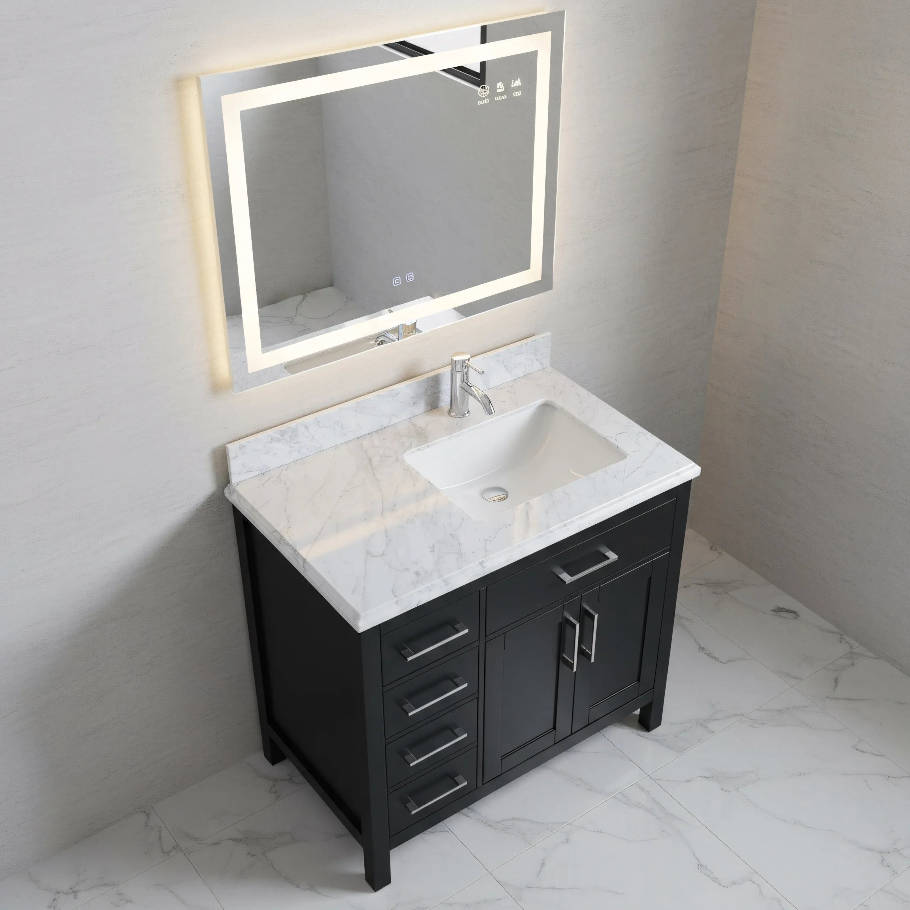 Meuble Lavabo Autoportant Noir 36po avec Comptoir en Marbre Carrera