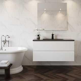 40" White Wall Mount Bathroom Vanity with Black Engineered Quartz Countertop