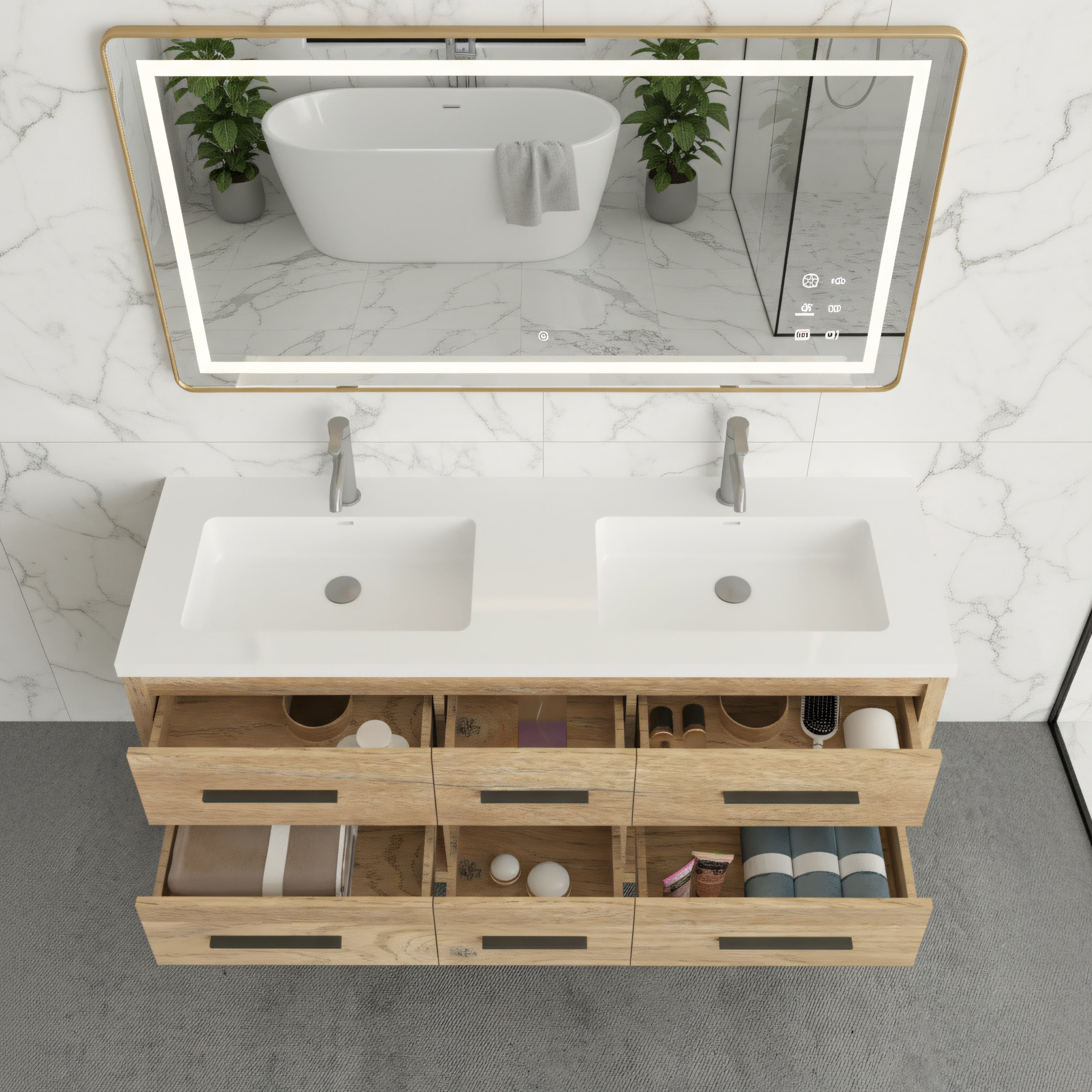 72" Rough Oak Freestanding Double Sink Bathroom Vanity with White Polymarble Countertop