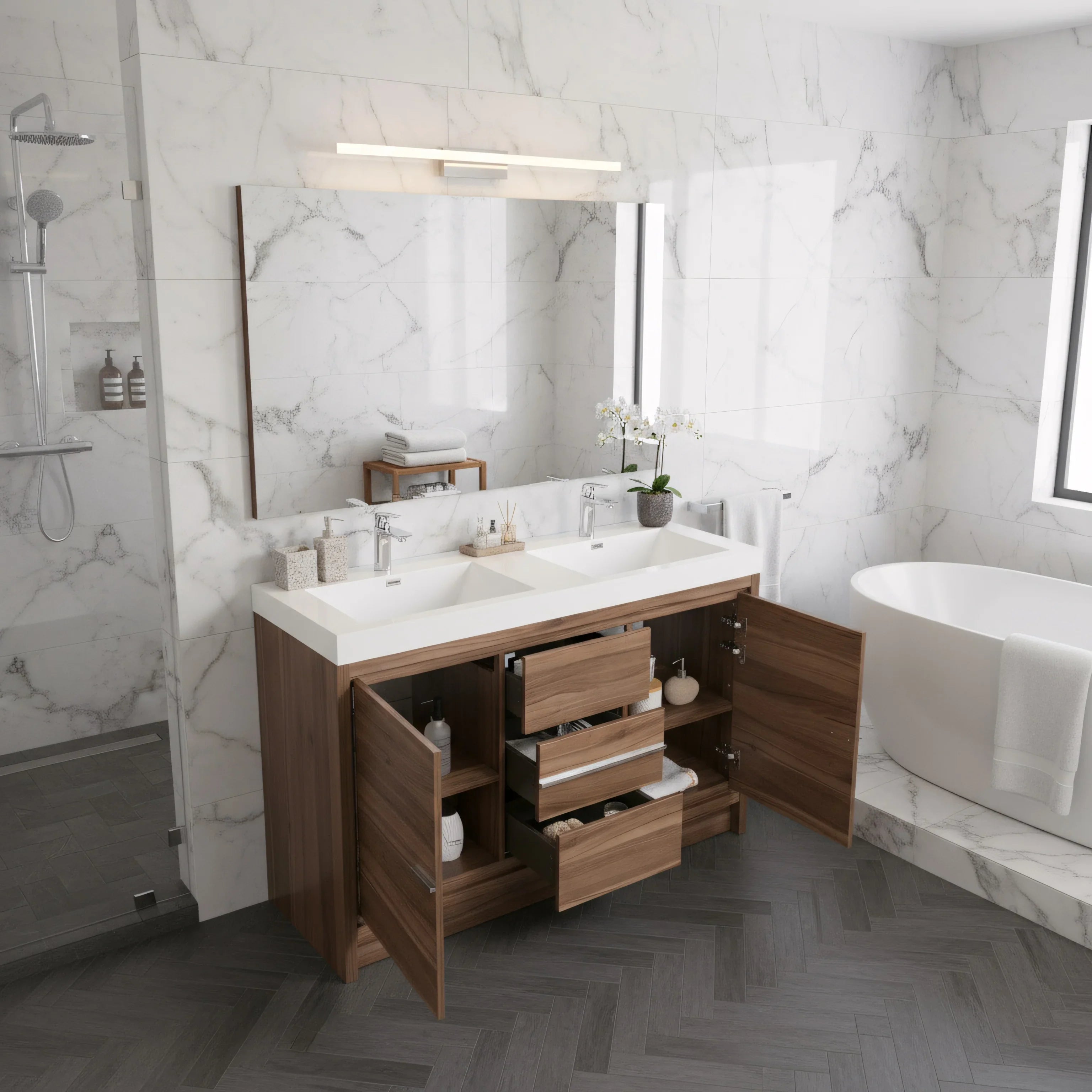 48" Walnut Freestanding Double Sink Bathroom Vanity with White Polymarble Countertop