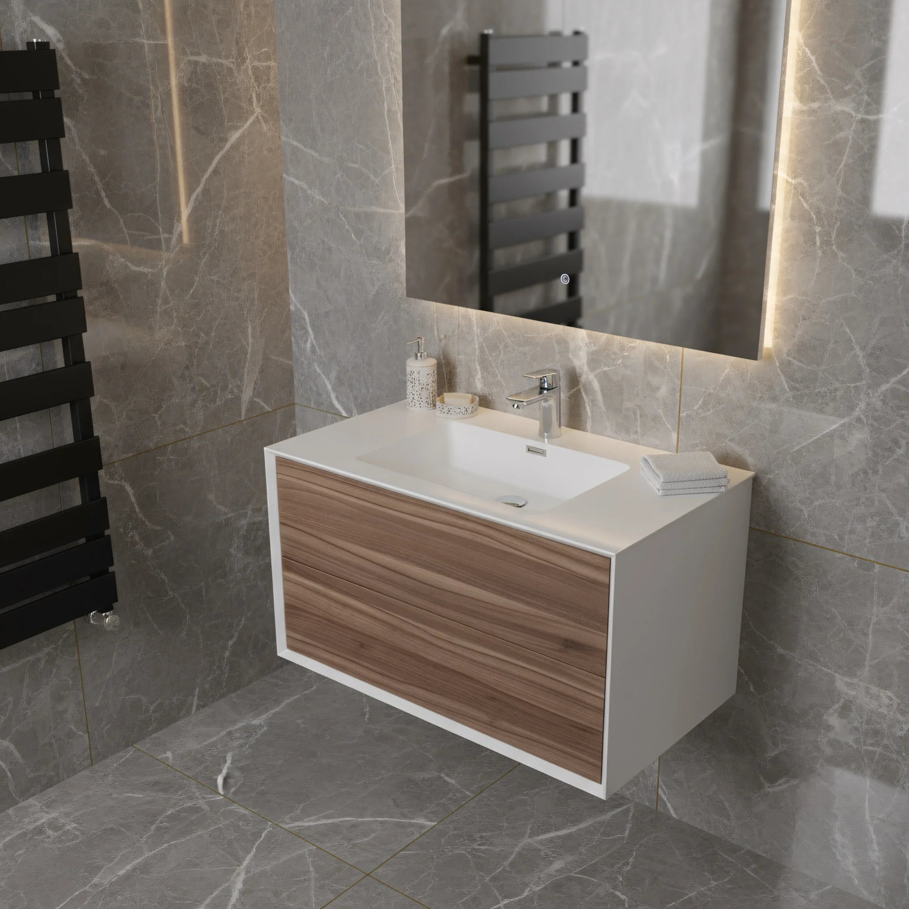 Meuble-lavabo mural en noyer de 36" avec Comptoir en polymarbre blanc