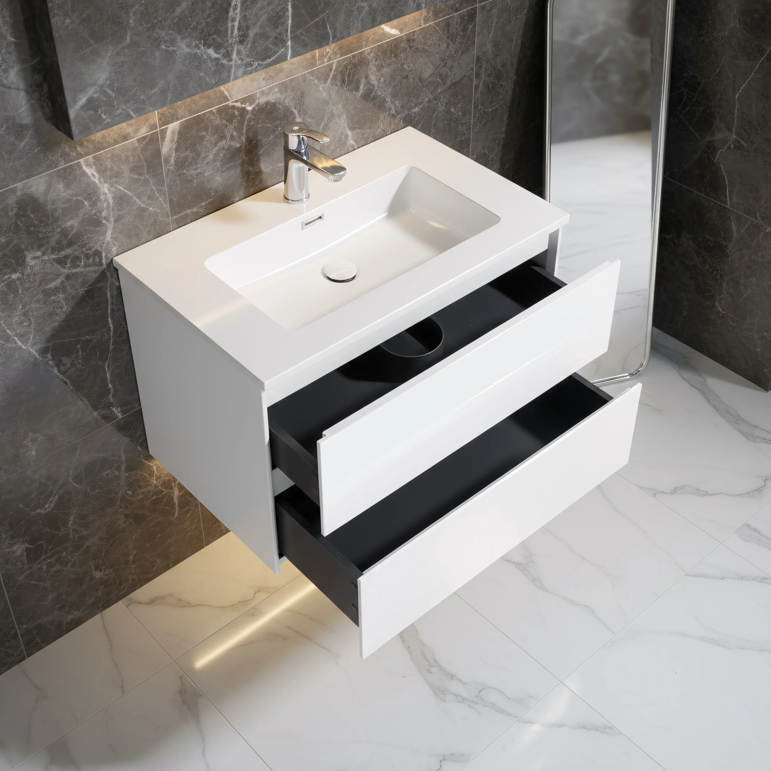30" White Wall Mount Bathroom Vanity with White Polymarble Countertop