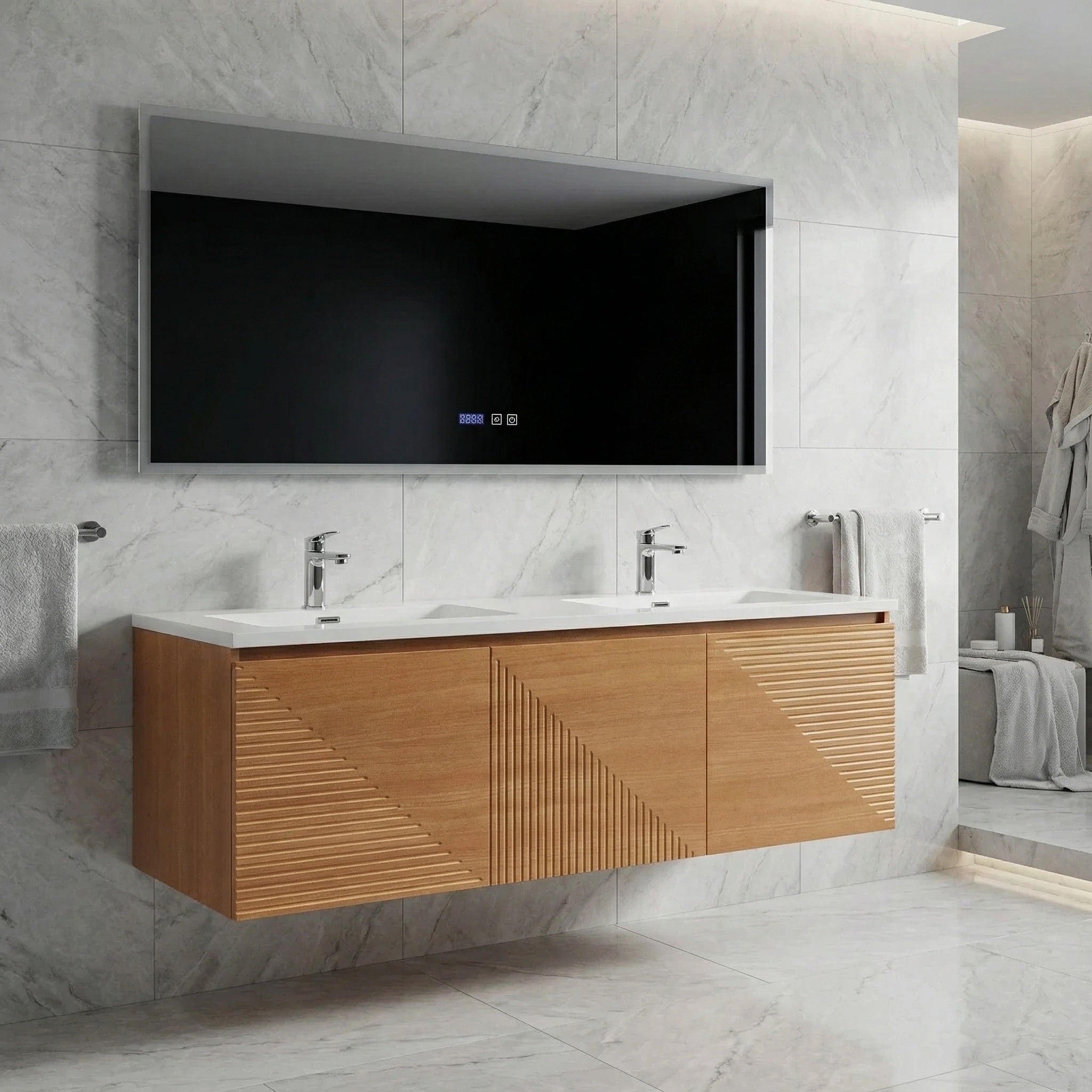 60" Light Oak Wall-Mounted Double Sink Bathroom Vanity with White Polymarble Countertop