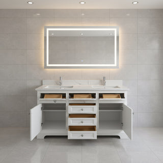 60" White Freestanding Double Sink Bathroom Vanity with Engineered Calcutta Marble Countertop