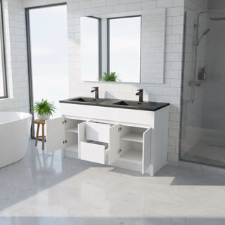 60" Matte White Freestanding Double Sink Bathroom Vanity with Black Engineered Quartz Countertop