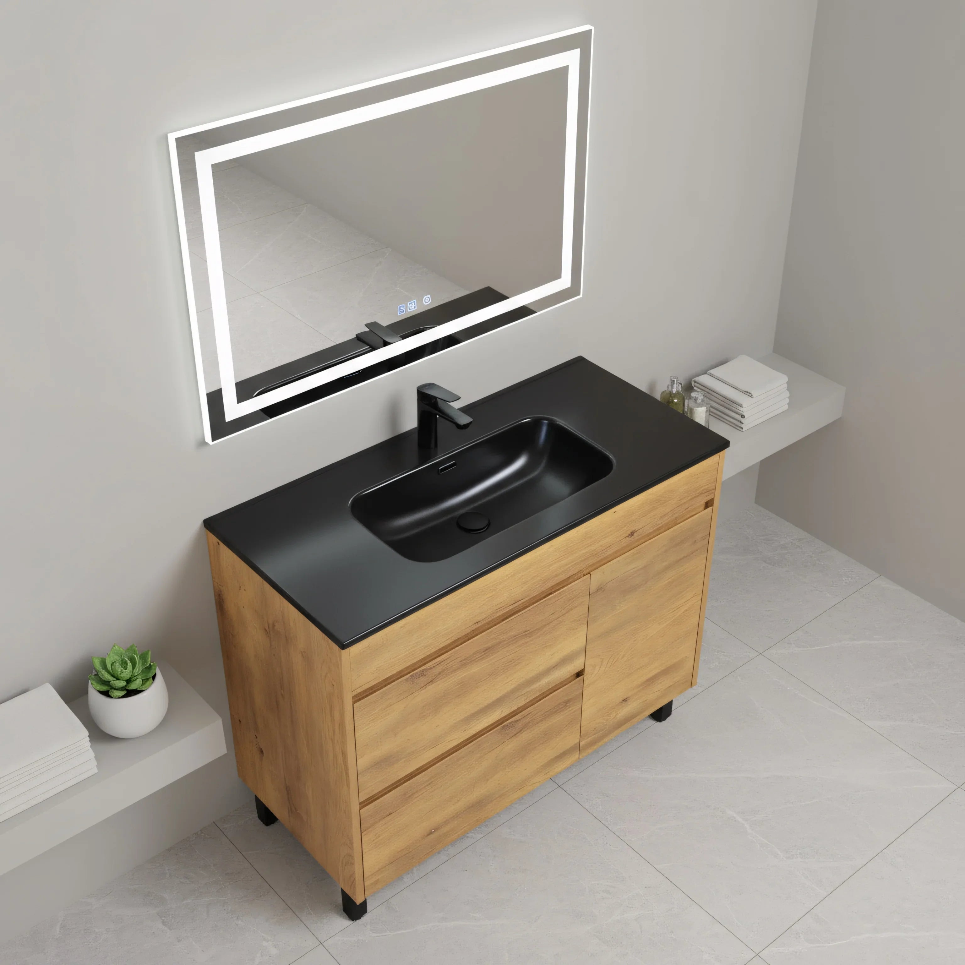 40" Frosted Oak Freestanding Single Sink Bathroom Vanity with Black Ceramic Countetop
