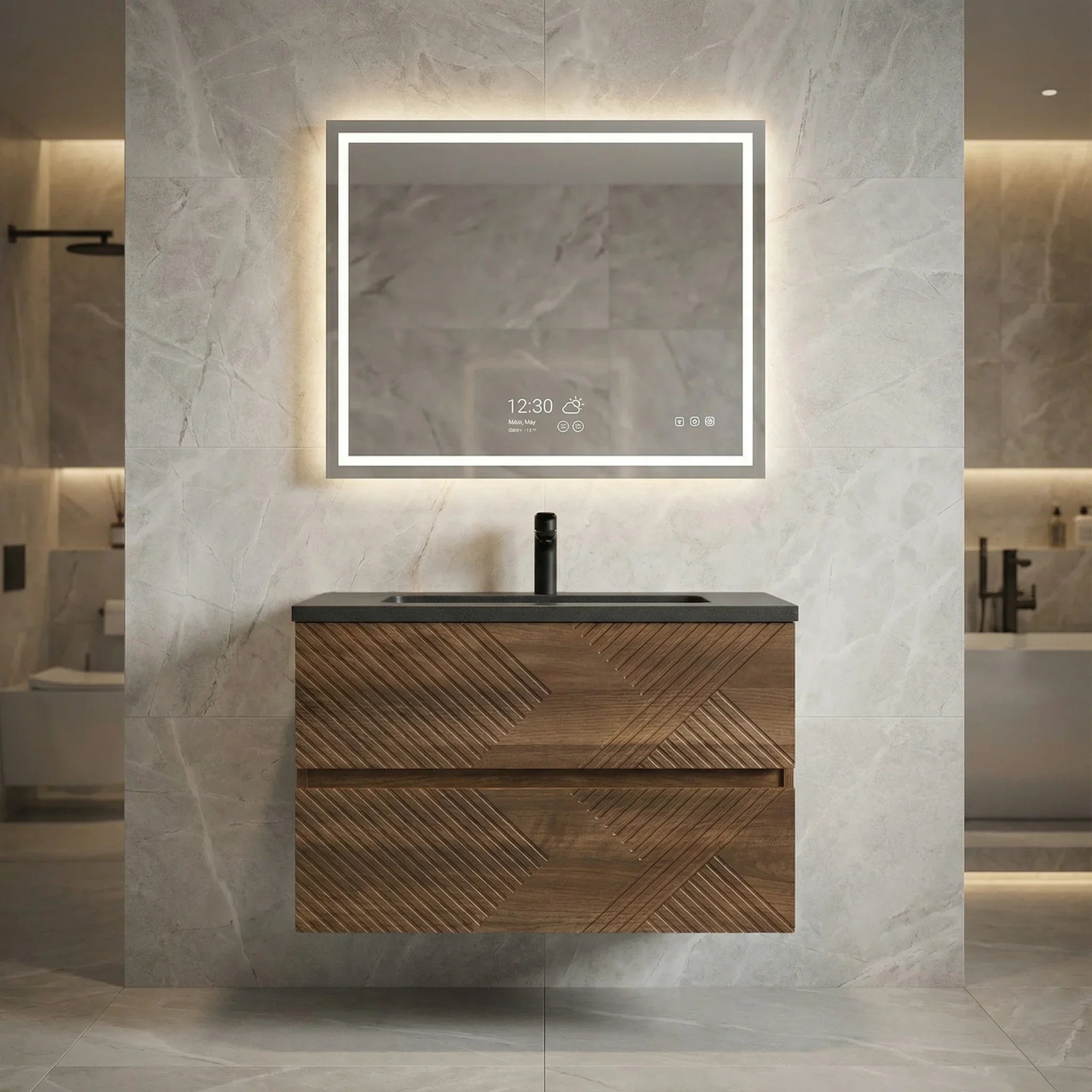 30" Walnut Wall Mount Single Sink Bathroom Vanity with Black Engineered Quartz Countertop