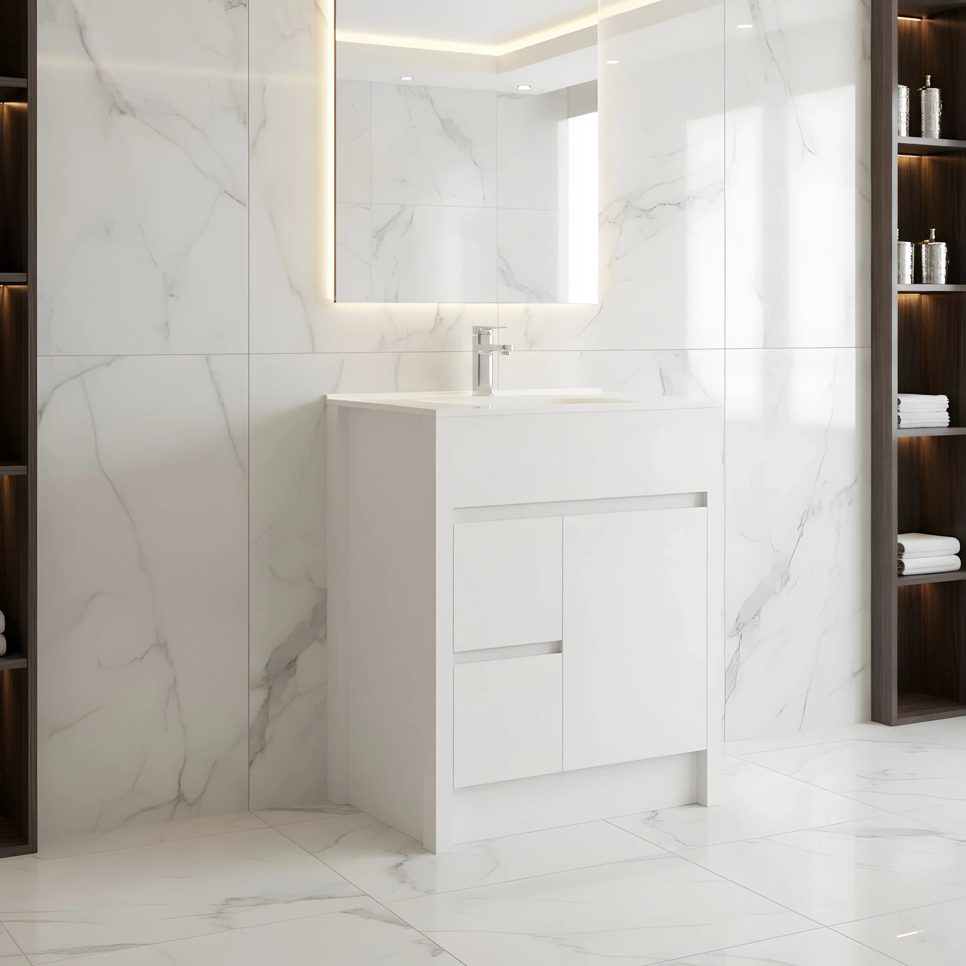 Meuble-Lavabo Autoportant 30po Blanc Mat avec Comptoir de Céramique Blanc