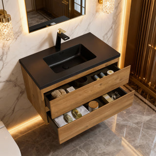 Meuble-Lavabo Mural 36po Chêne Brut avec Comptoir de Quartz d'ingénierie Noir