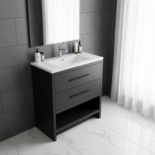 Meuble-Lavabo Autoportant 30po Chêne Noir avec Comptoir de Polymarbre Blanc