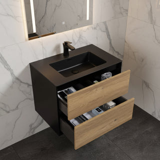30" Black & Rough Oak Wall Mount Vanity with Black Engineered Quartz Countertop