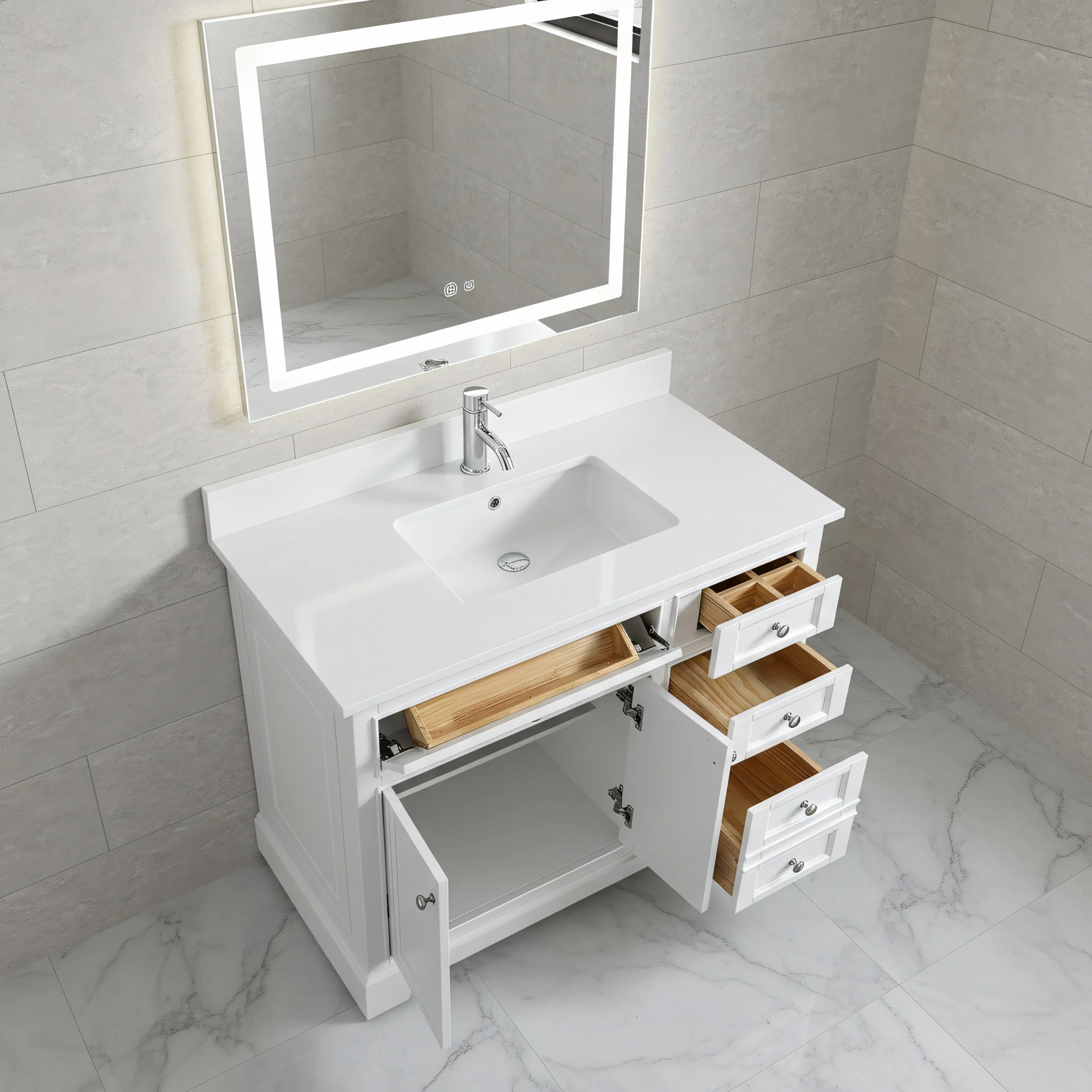 Meuble-Lavabo Autoportant 42po Blanc avec Comptoir de Quartz Blanc