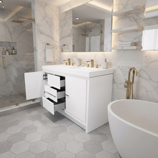 Meuble-Lavabo Autoportant 60po Blanc Brillant avec Comptoir de Polymarbre Blanc 