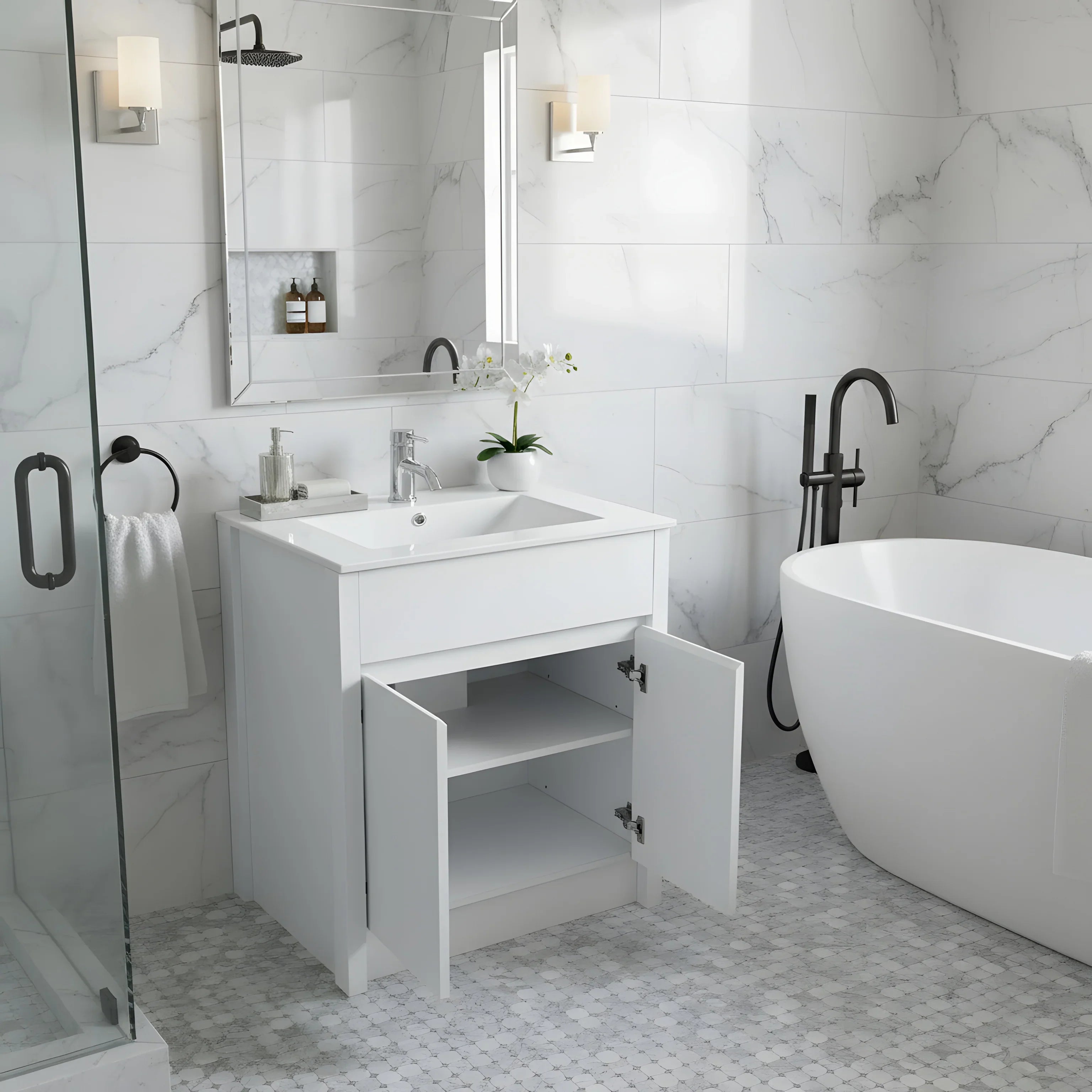 30" White Oak Freestanding Bathroom Vanity with White Ceramic Countertop