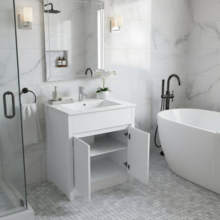Meuble-Lavabo Autoportant 30po Chêne Blanc avec Comptoir de Céramique Blanc