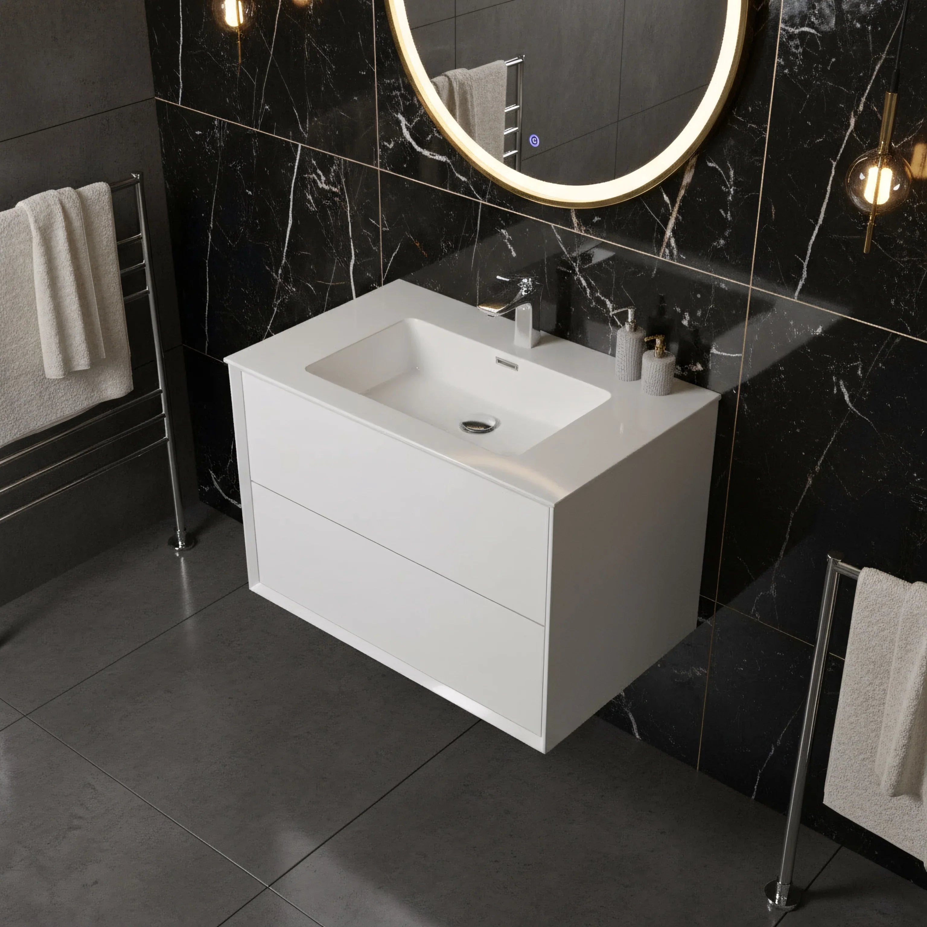 30" White Wall Mount Vanity with White Polymarble Countertop