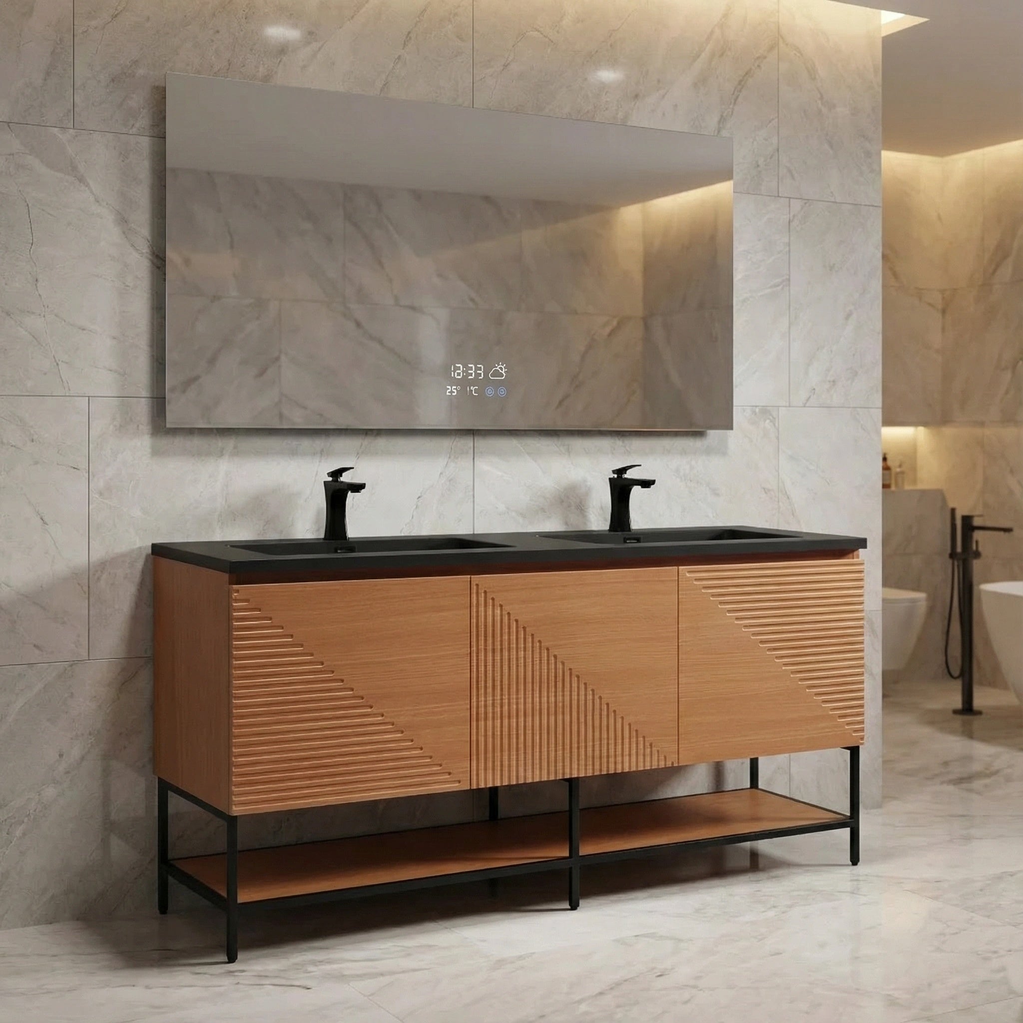 60" Light Oak Wall-Mounted Double Sink Bathroom Vanity with Black Engineered Quartz Countertop