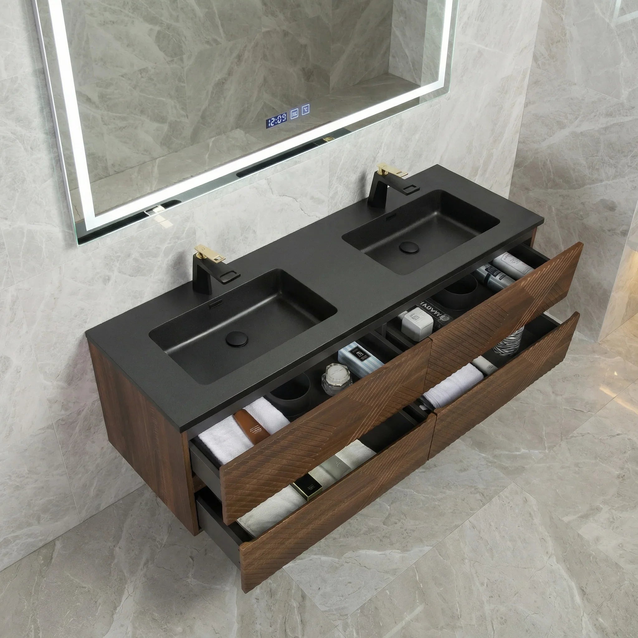 60" Walnut Wall Mount Double Sink Bathroom Vanity with Black Engineered Quartz Countertop