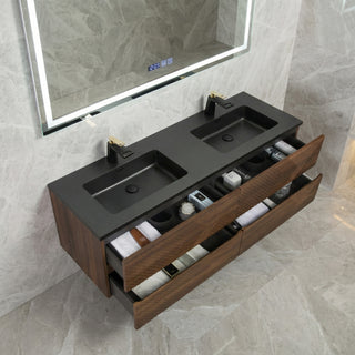 Meuble-Lavabo Mural 60po Noyer avec Comptoir de Quartz d'ingénierie Noir