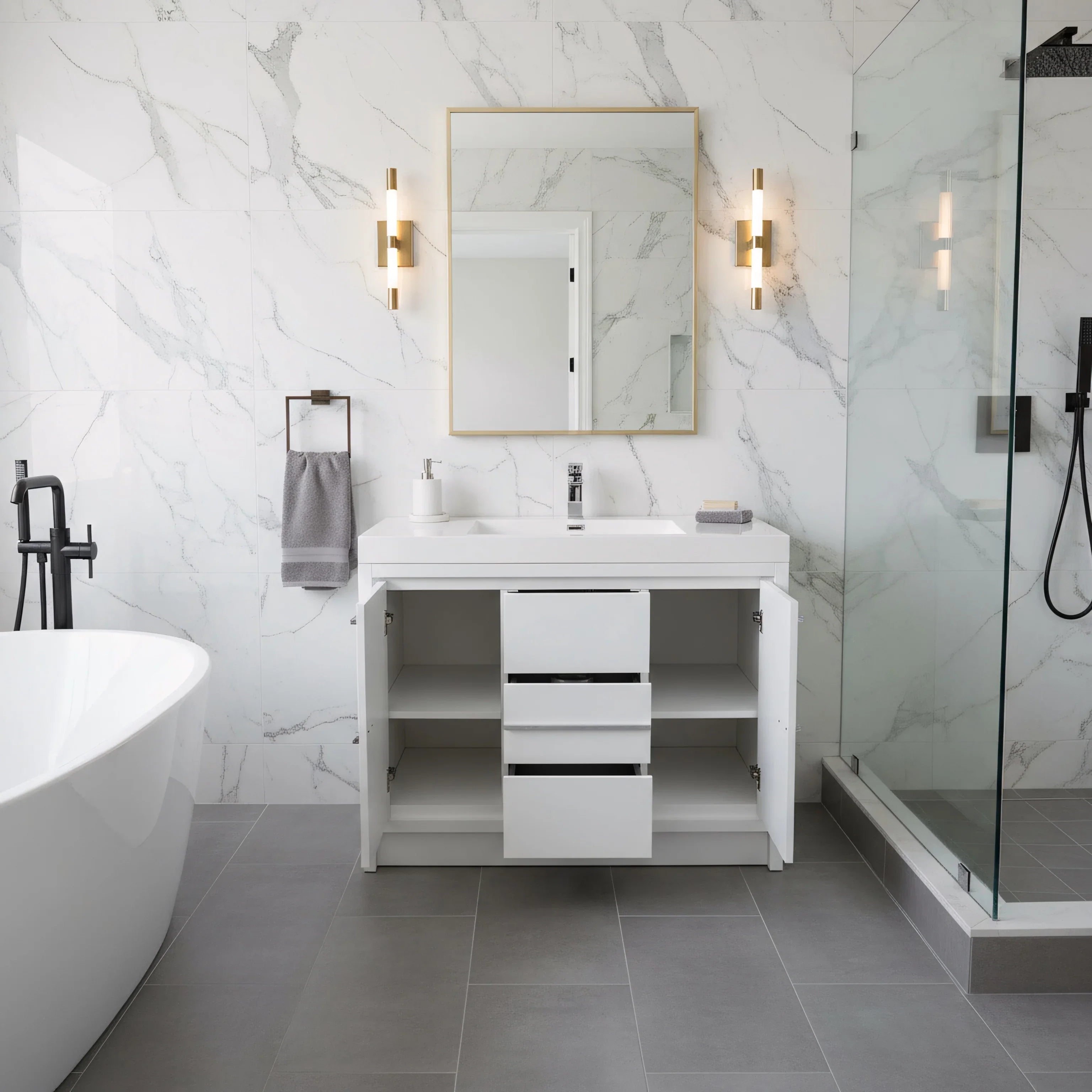 Meuble-Lavabo Autoportant 42po Blanc Brillant avec Comptoir de Polymarbre Blanc 