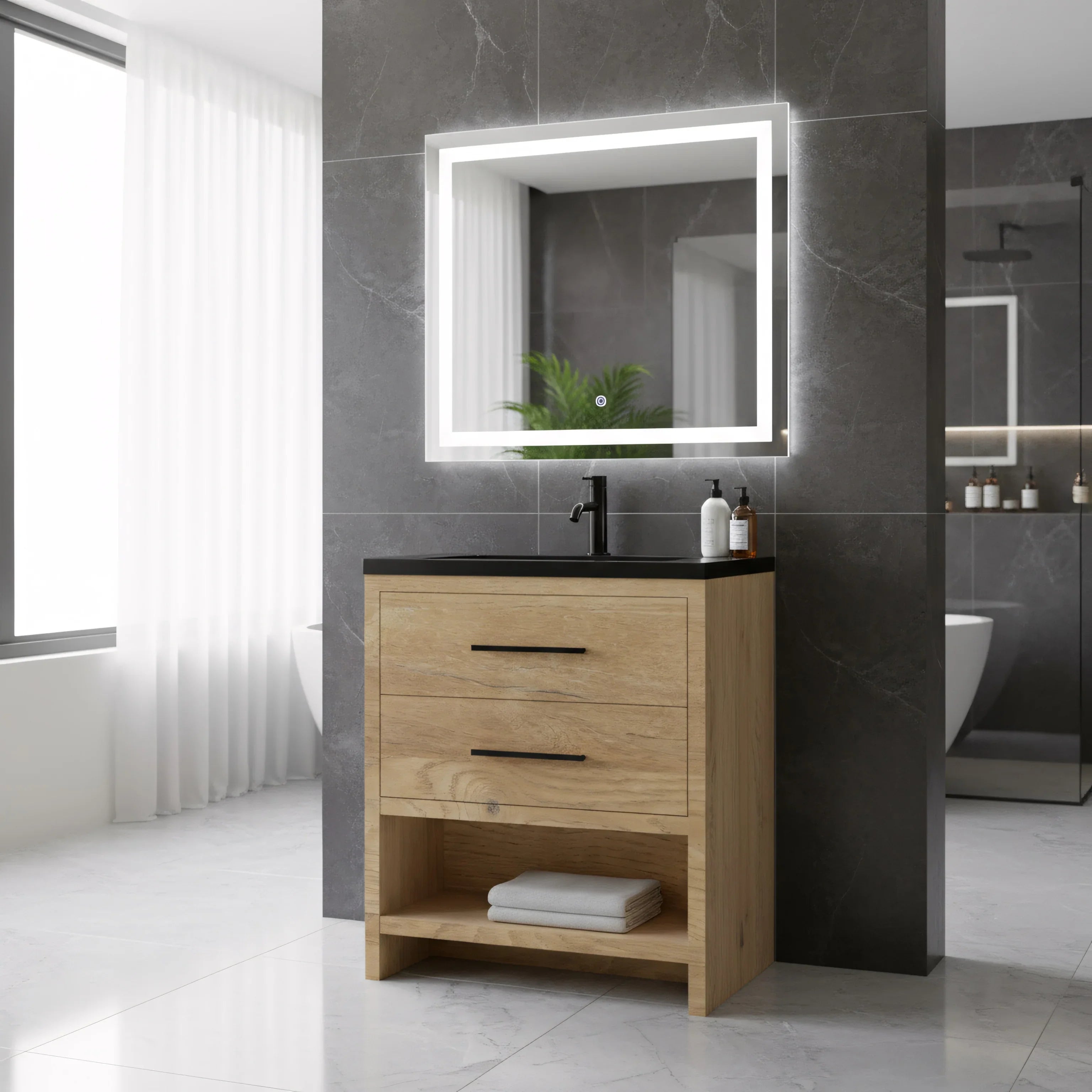 30" Rough Oak Freestanding Bathroom Vanity with Black Engineered Quartz Countertop